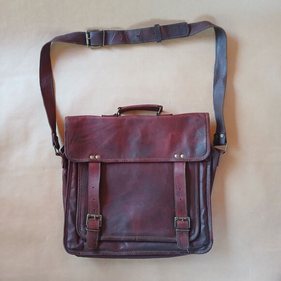 Leather Bag Laptop Genuine Leather Messenger Briefcase Satchel Cognac Brown - Picture 1 of 11